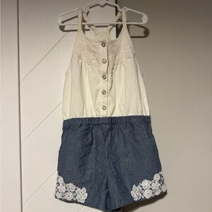 Aphorism little girls' denim chambray crochet ivory Romper Size 8